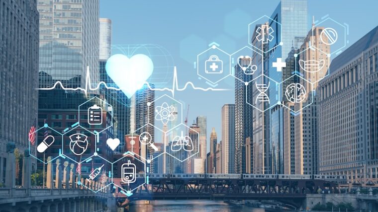 Stadsvy med hälsobaserad grafik