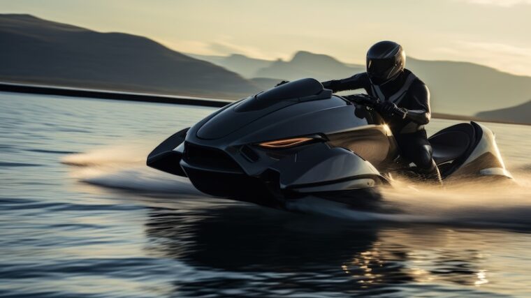 En framtidsbild på en man som kör vattenskoter