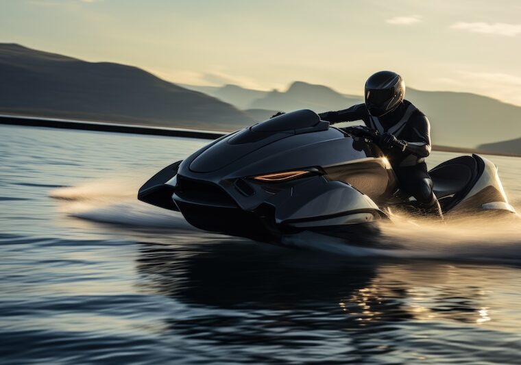 En framtidsbild på en man som kör vattenskoter